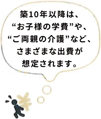 築10年以降は、“お子様の学費”や、“ご両親の介護”など、さまざまな出費が想定されます。